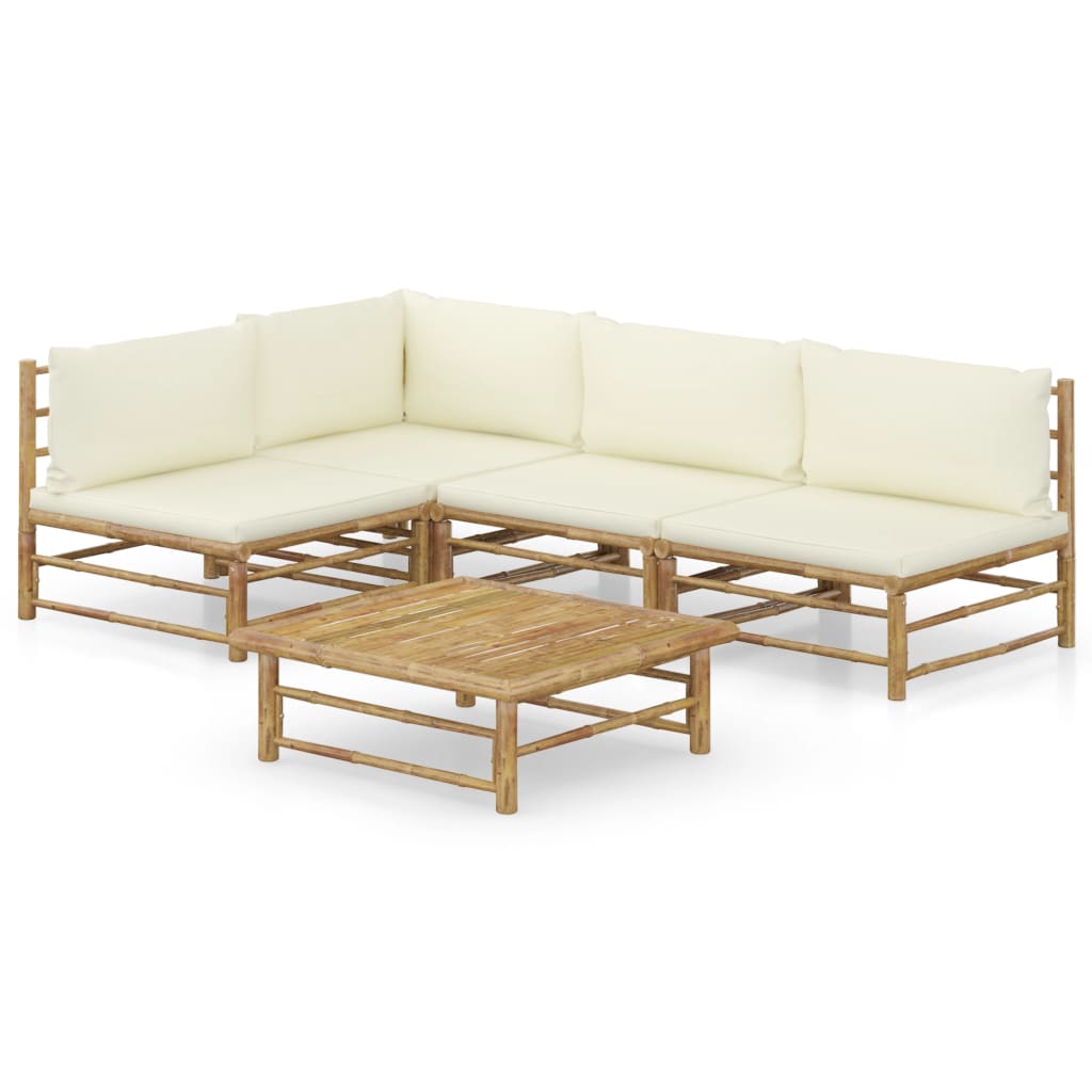 vidaXL 5-tlg. Garten-Lounge-Set mit Cremeweißen Kissen Bambus