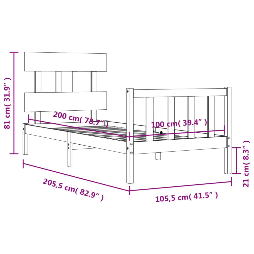 vidaXL Massivholzbett mit Kopfteil 100x200 cm