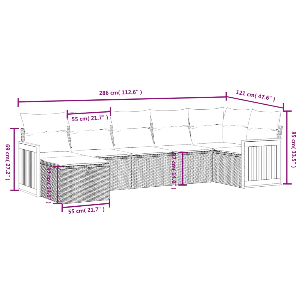 vidaXL 7-tlg. Garten-Sofagarnitur mit Kissen Schwarz Poly Rattan