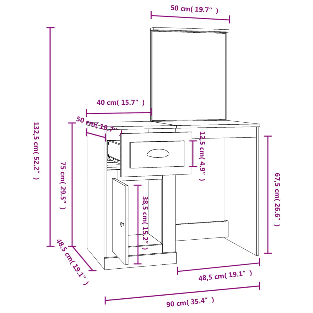 vidaXL Schminktisch mit Spiegel Grau Sonoma 90x50x132,5 cm