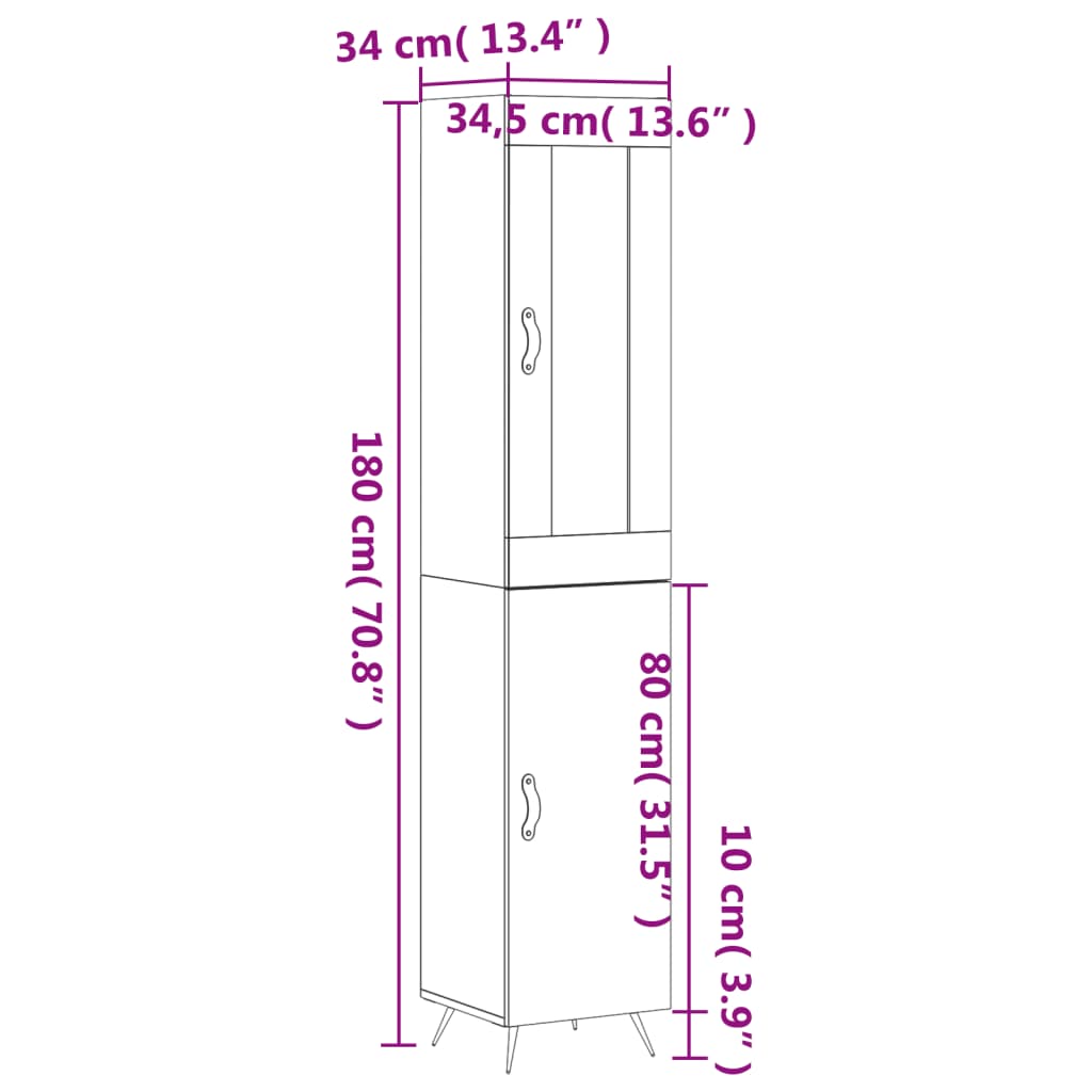 vidaXL Highboard Grau Sonoma 34,5x34x180 cm Holzwerkstoff