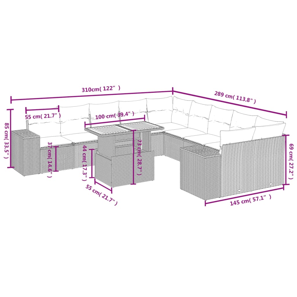 vidaXL 11-tlg. Garten-Sofagarnitur mit Kissen Grau Poly Rattan