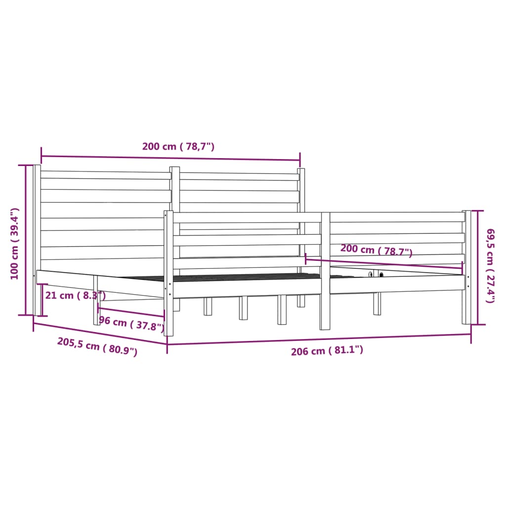 vidaXL Massivholzbett Kiefer 200x200 cm Schwarz