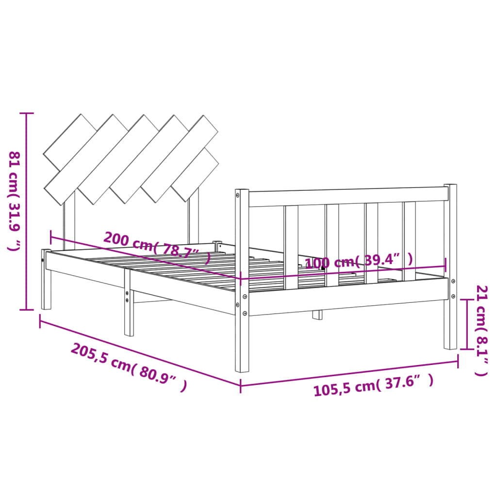 vidaXL Massivholzbett mit Kopfteil Schwarz 100x200 cm