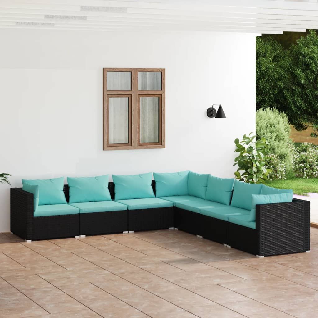 vidaXL 7-tlg. Garten-Lounge-Set mit Kissen Poly Rattan Schwarz