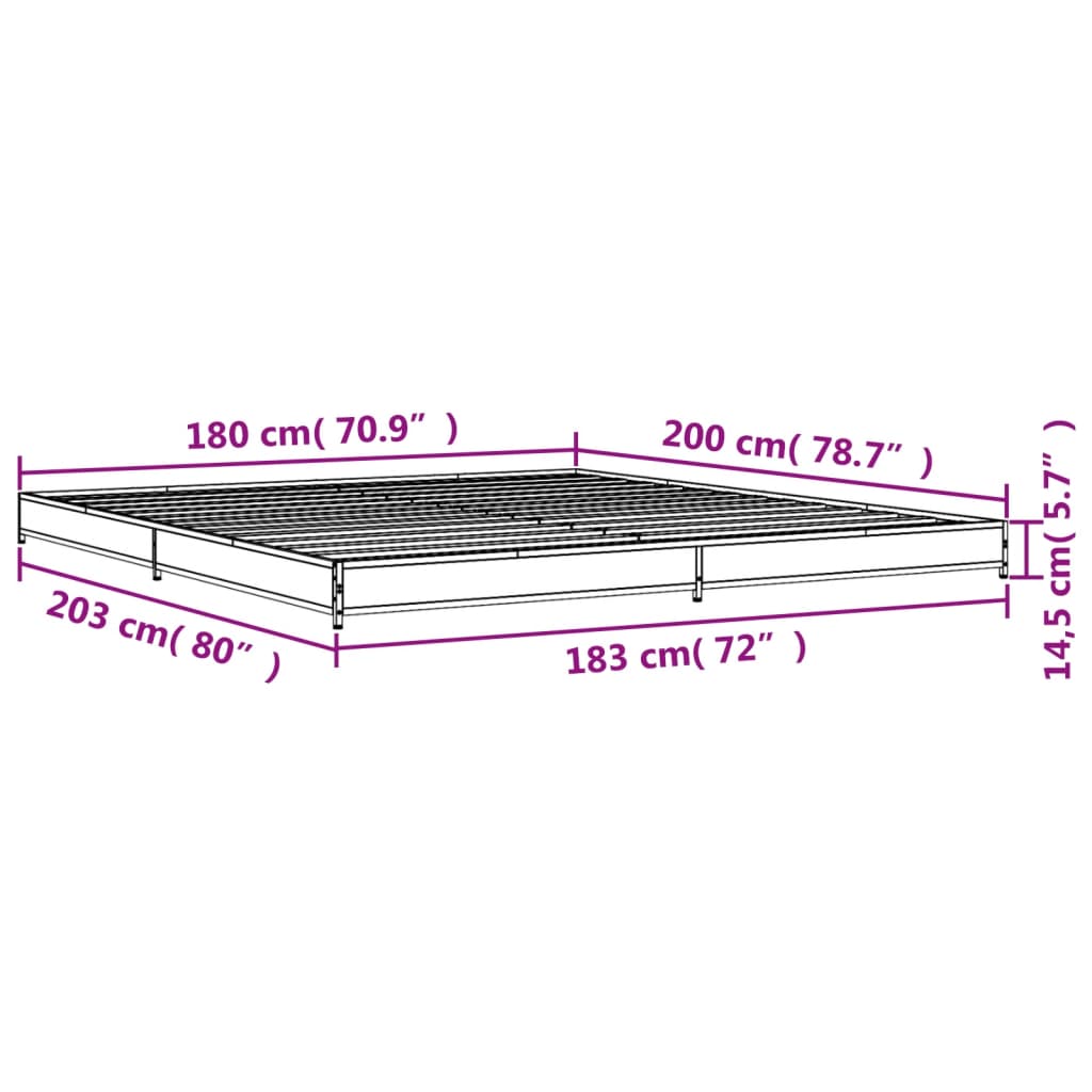 vidaXL Bettgestell Braun Eichen-Optik 180x200 cm Holzwerkstoff Metall