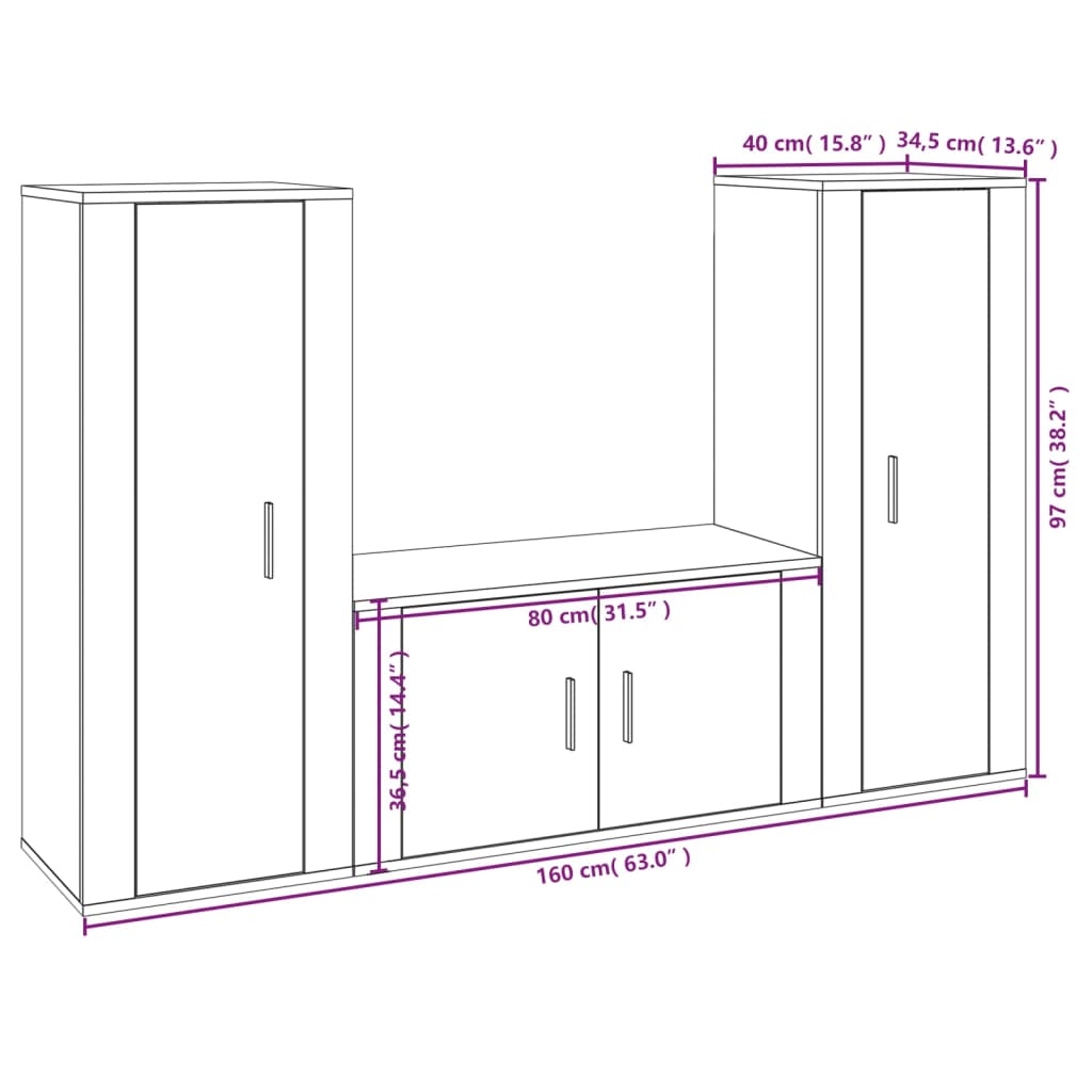 vidaXL 3-tlg. TV-Schrank-Set Räuchereiche Holzwerkstoff