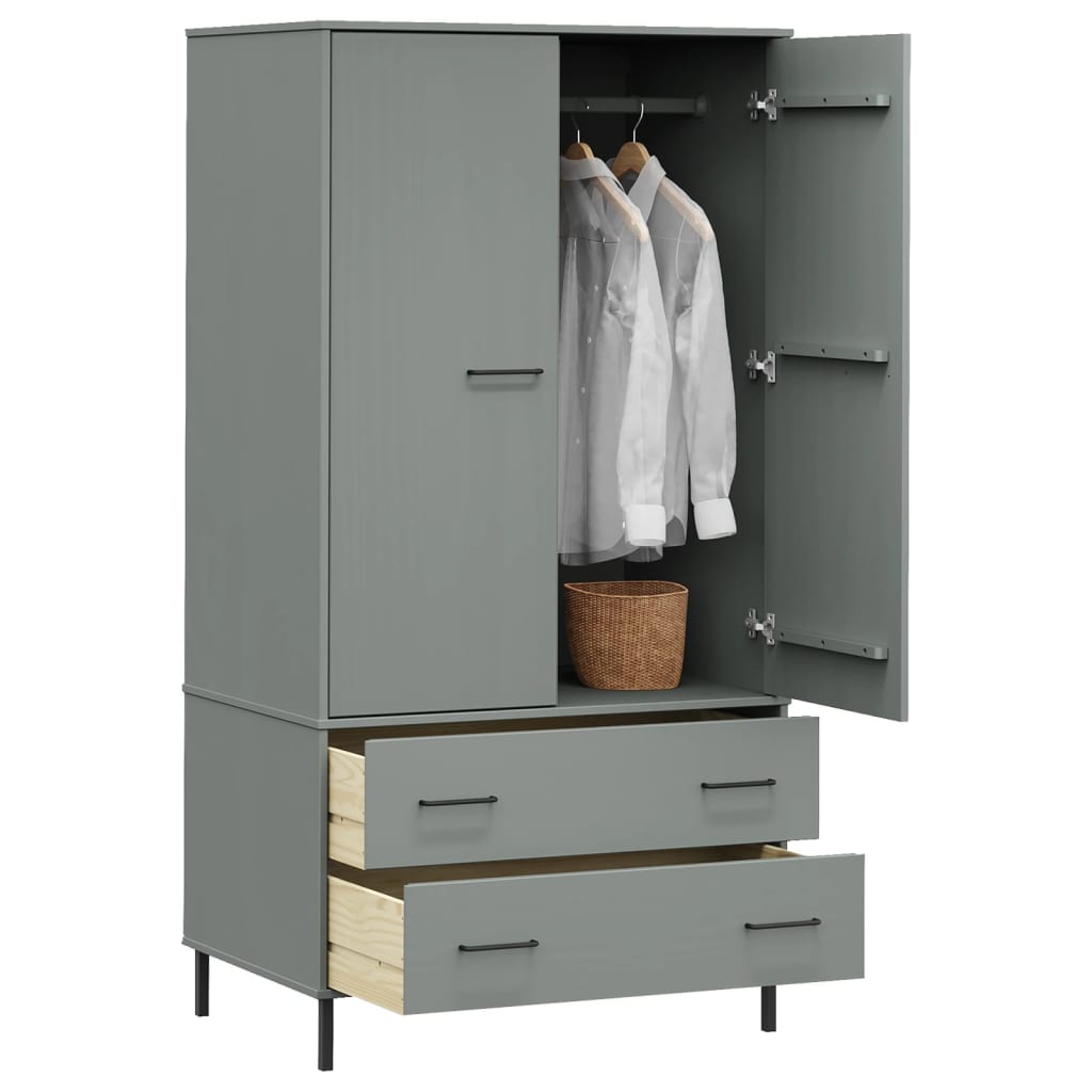 vidaXL Kleiderschrank OSLO Metallbeine Grau 90x55x172,5cm Massivholz