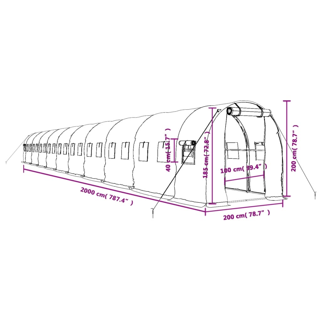 vidaXL Gewächshaus mit Stahlrahmen Grün 40 m² 20x2x2 m