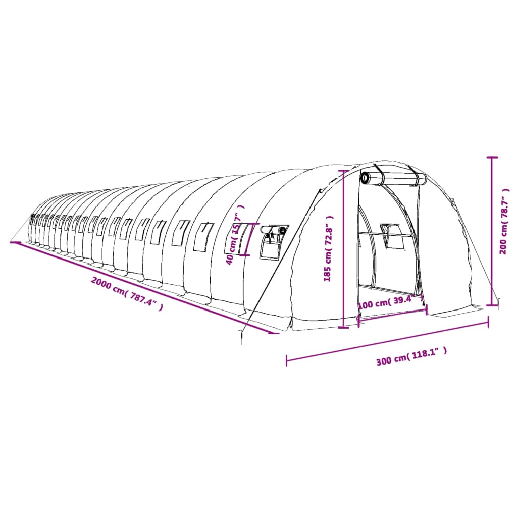 vidaXL Gewächshaus mit Stahlrahmen Weiß 60 m² 20x3x2 m