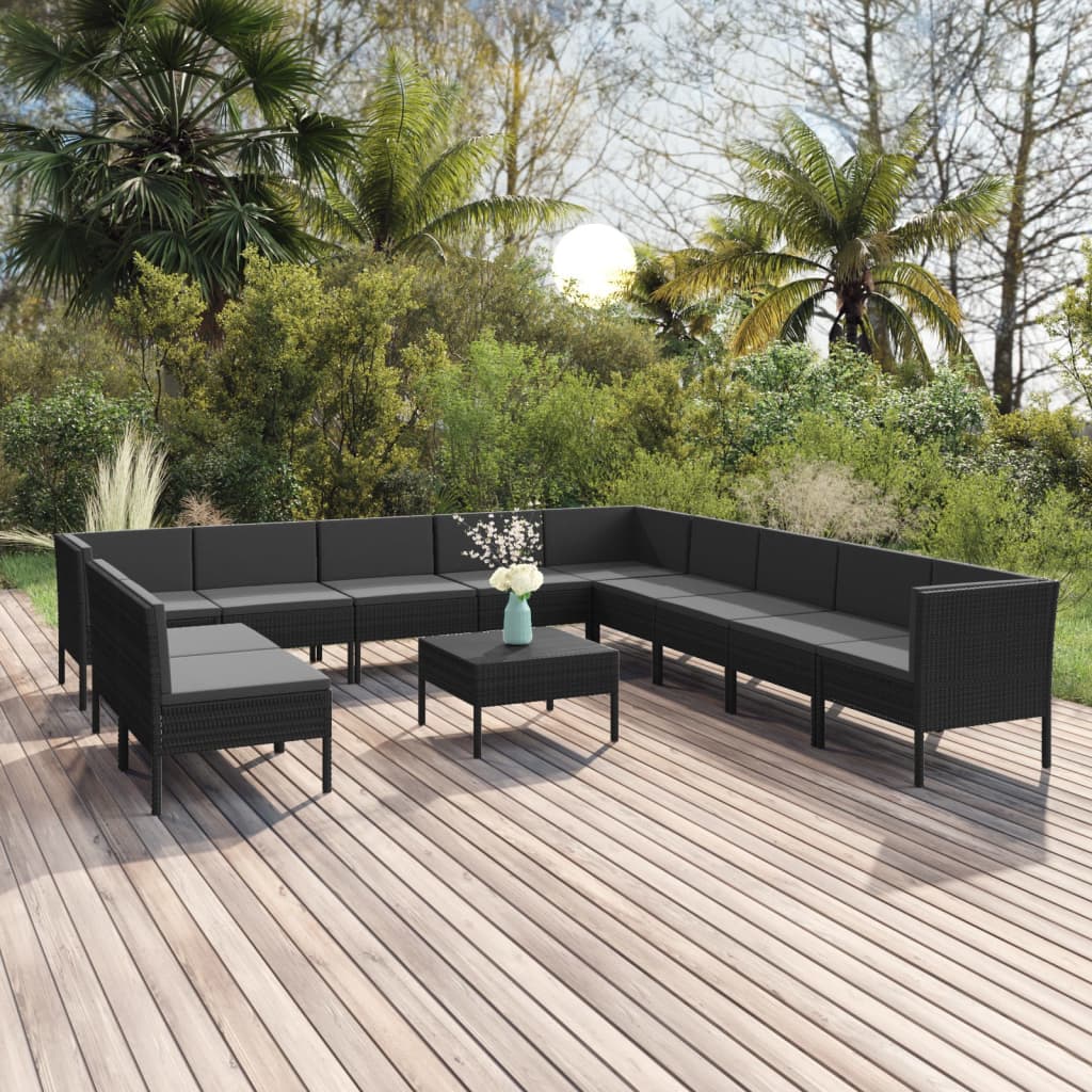 vidaXL 12-tlg. Garten-Lounge-Set mit Auflagen Poly Rattan Schwarz