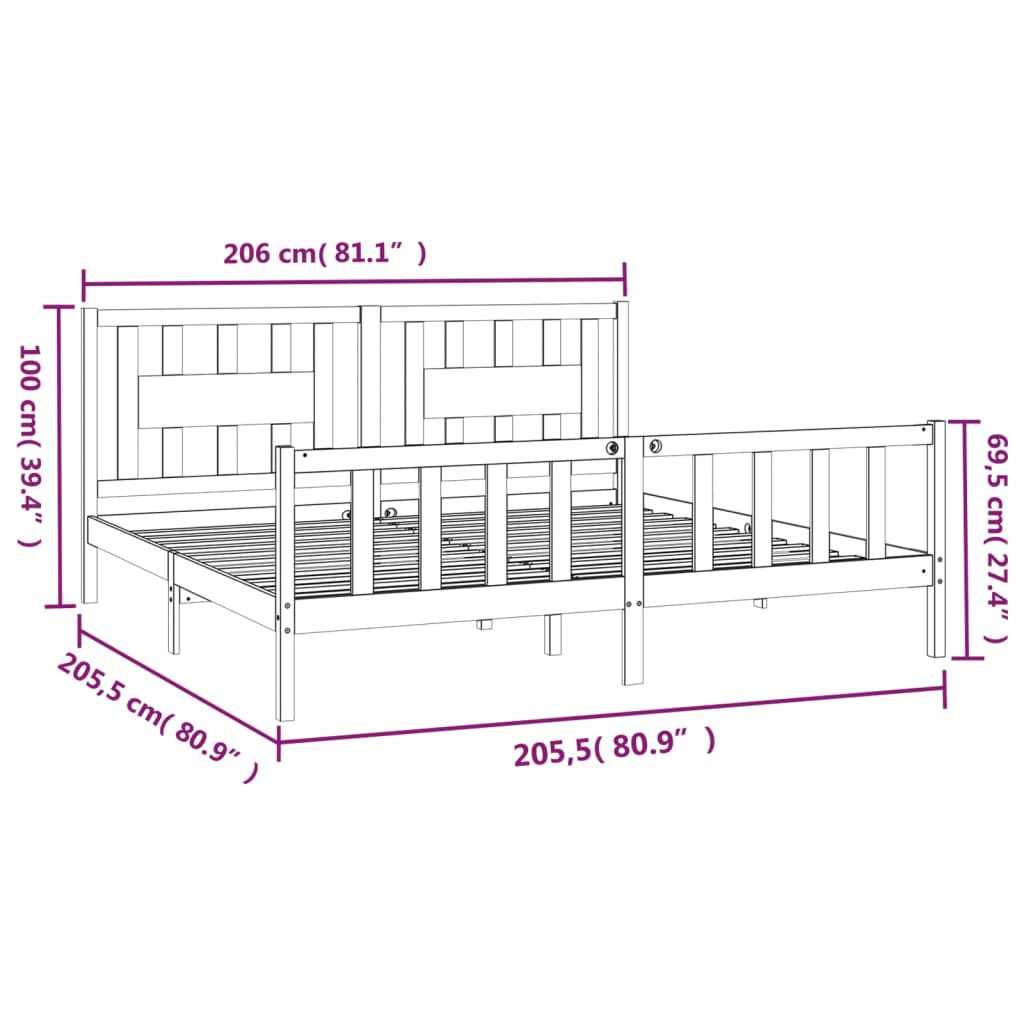 vidaXL Massivholzbett mit Kopfteil Grau Kiefer 200x200 cm