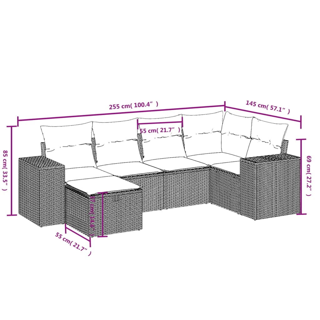 vidaXL 6-tlg. Garten-Sofagarnitur mit Kissen Beige Poly Rattan