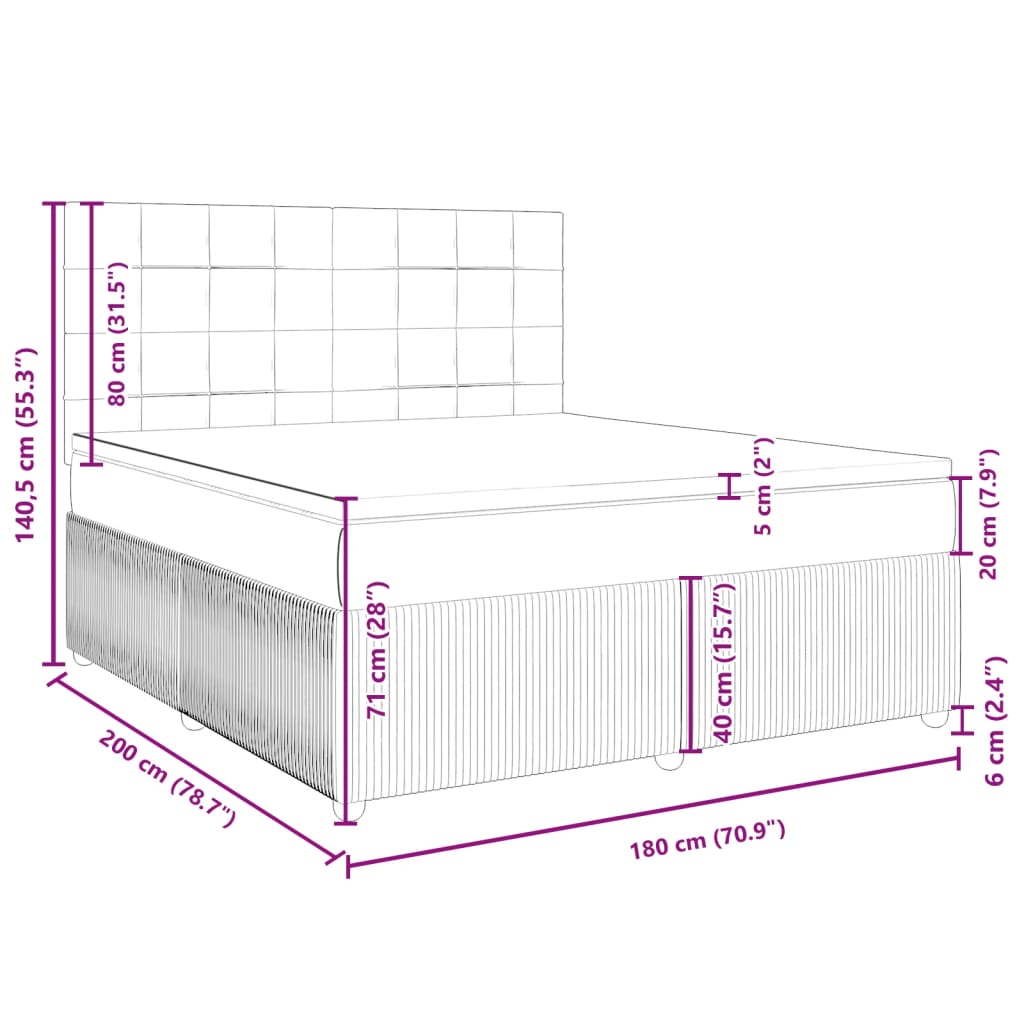 vidaXL Boxspringbett mit Matratze Hellgrau 180x200 cm Samt