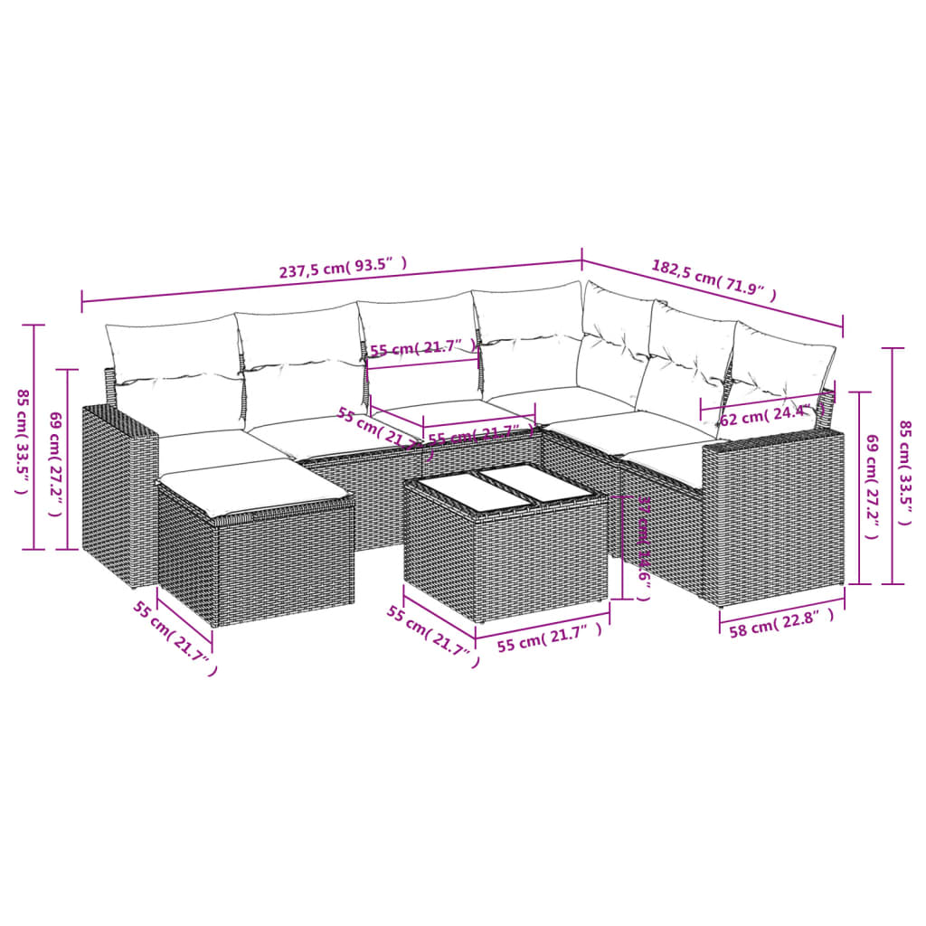 vidaXL 8-tlg. Garten-Sofagarnitur mit Kissen Schwarz Poly Rattan