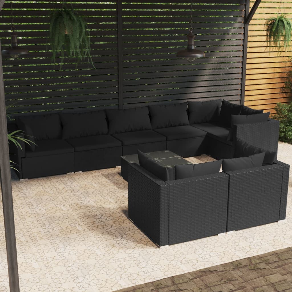 vidaXL 9-tlg. Garten-Lounge-Set mit Kissen Schwarz Poly Rattan