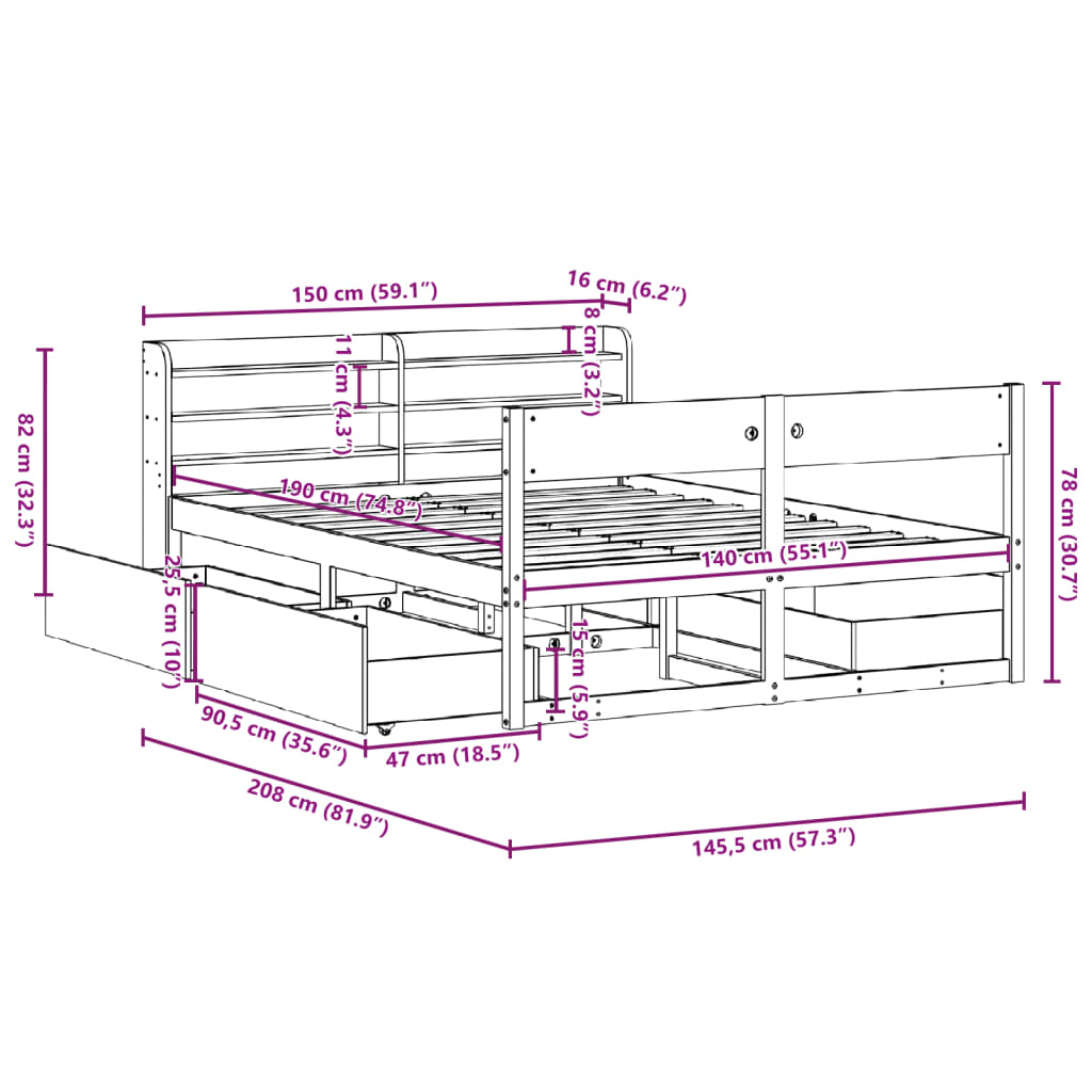 vidaXL Massivholzbett ohne Matratze Wachsbraun 140x190 cm Kiefernholz