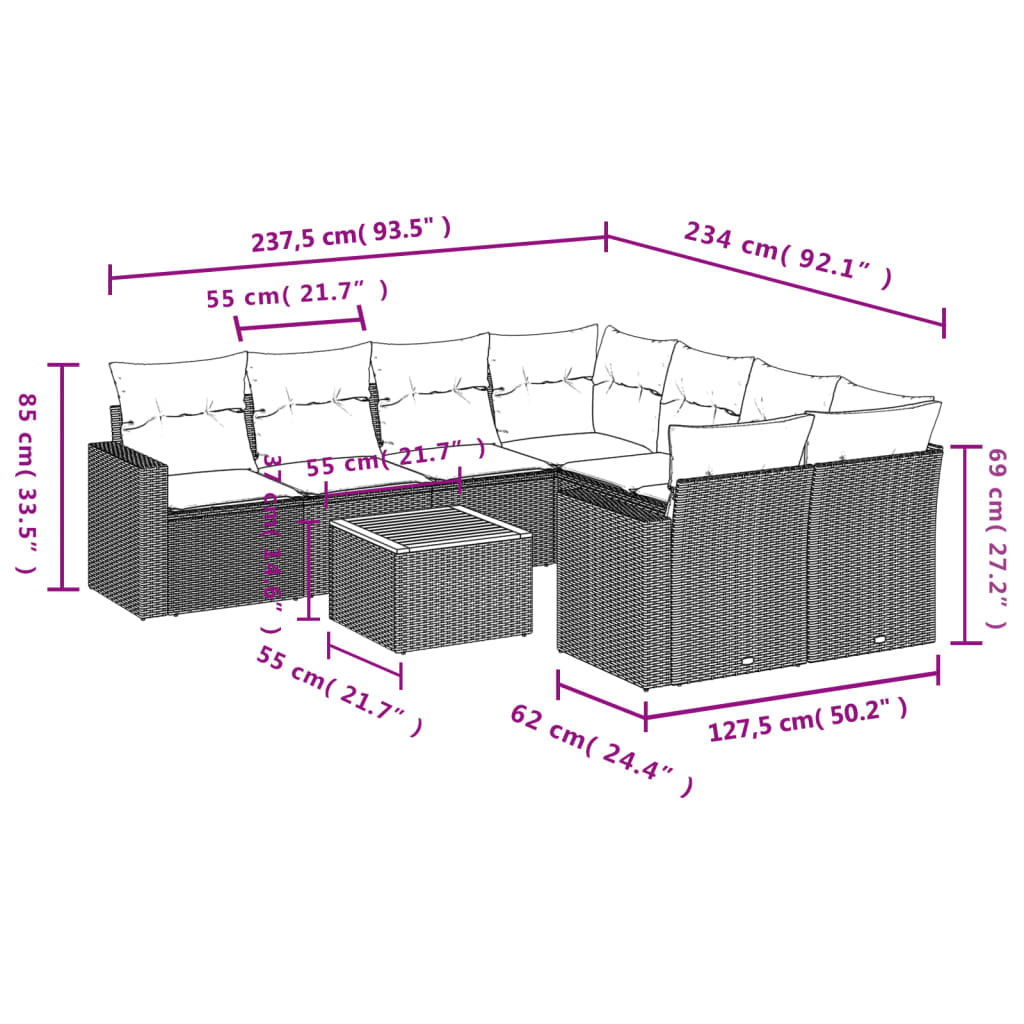 vidaXL 9-tlg. Garten-Sofagarnitur mit Kissen Grau Poly Rattan