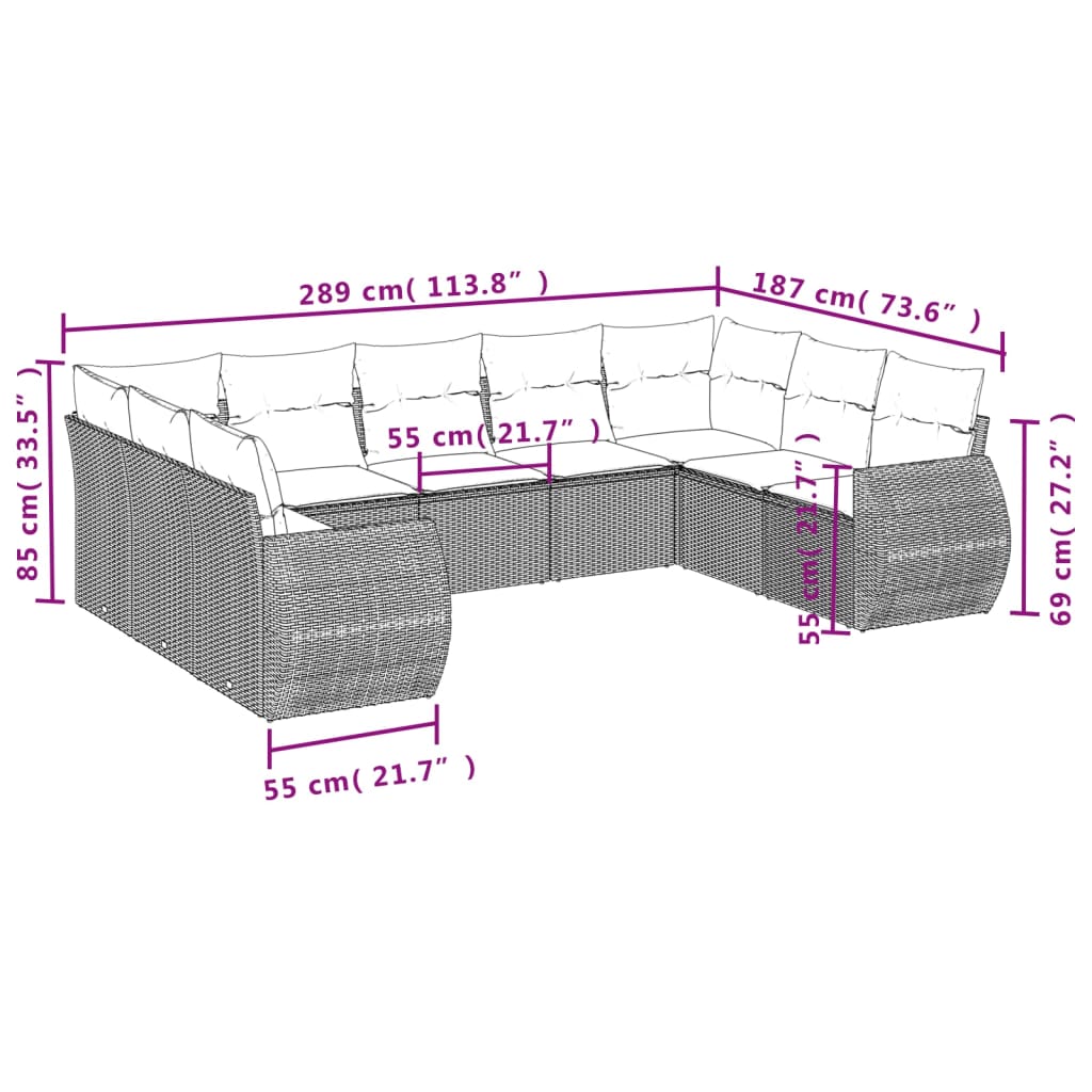 vidaXL 9-tlg. Garten-Sofagarnitur mit Kissen Schwarz Poly Rattan