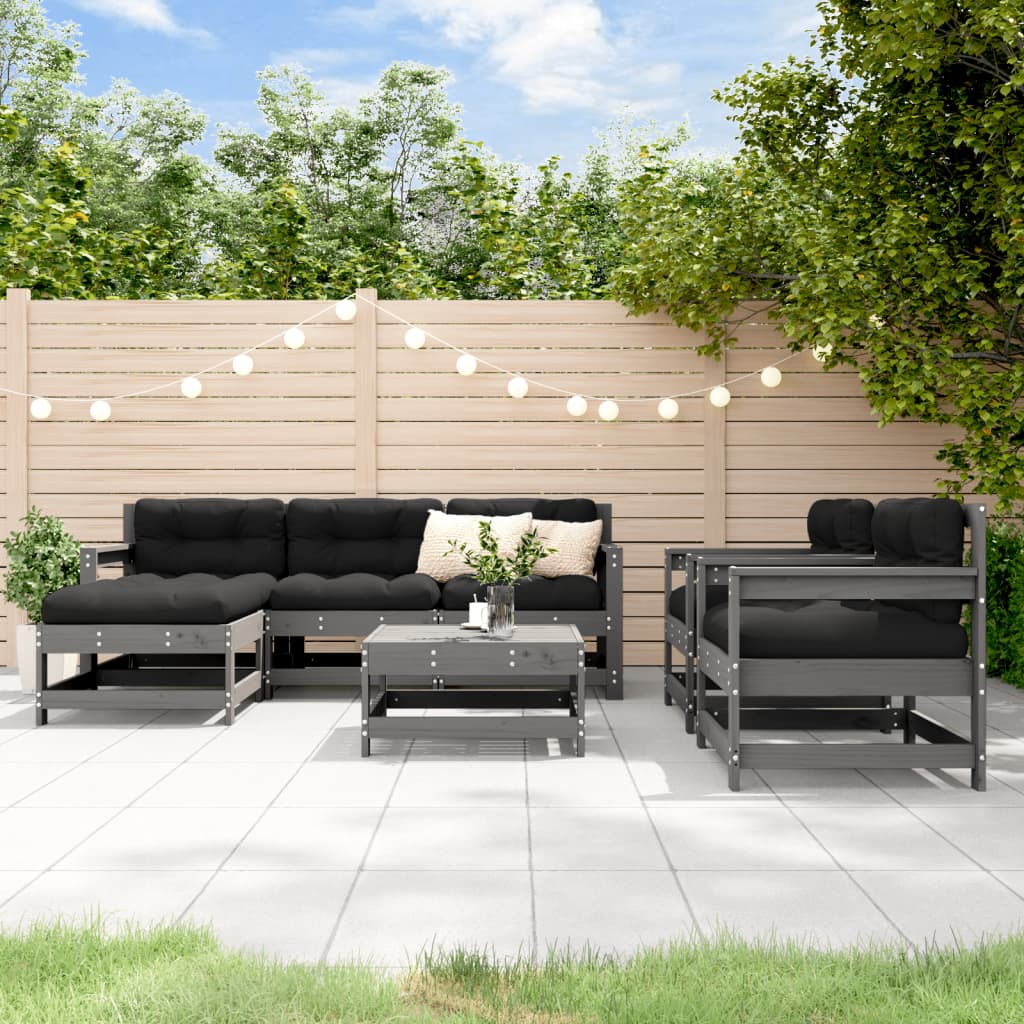 vidaXL 7-tlg. Garten-Lounge-Set mit Kissen Grau Massivholz