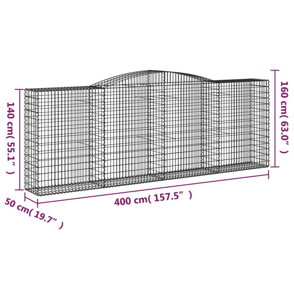 vidaXL Gabionen mit Hochbogen 10 Stk 400x50x140/160cm Verzinktes Eisen