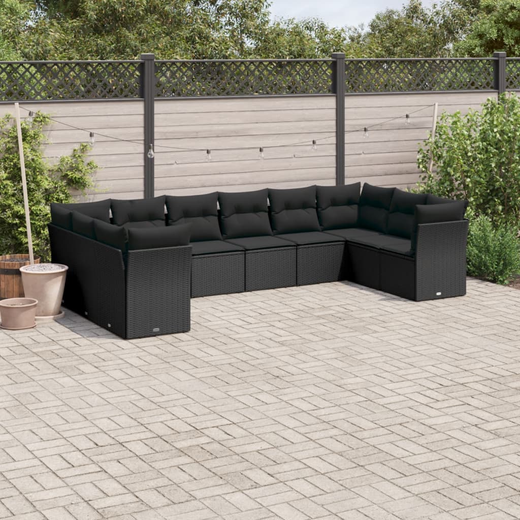 vidaXL 10-tlg. Garten-Sofagarnitur mit Kissen Schwarz Poly Rattan