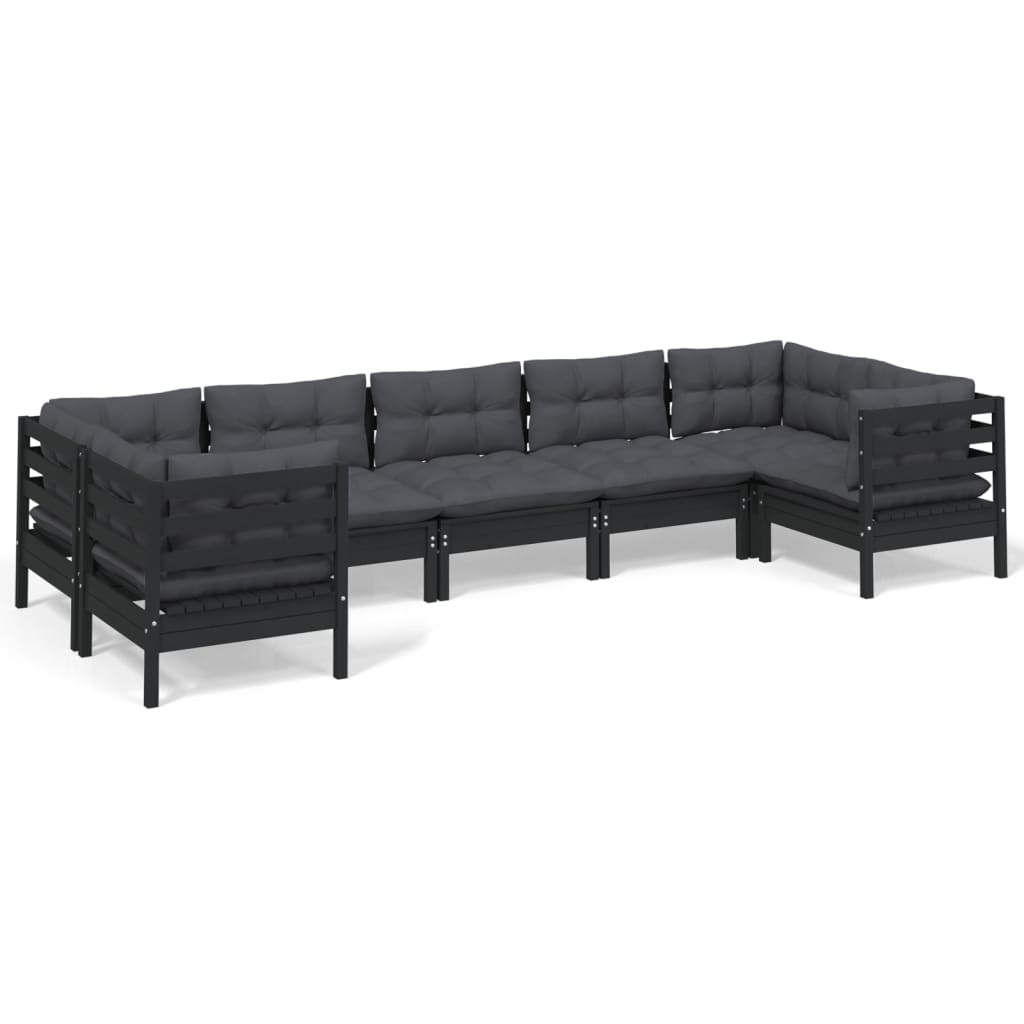 vidaXL 7-tlg. Garten-Lounge-Set mit Kissen Schwarz Kiefernholz