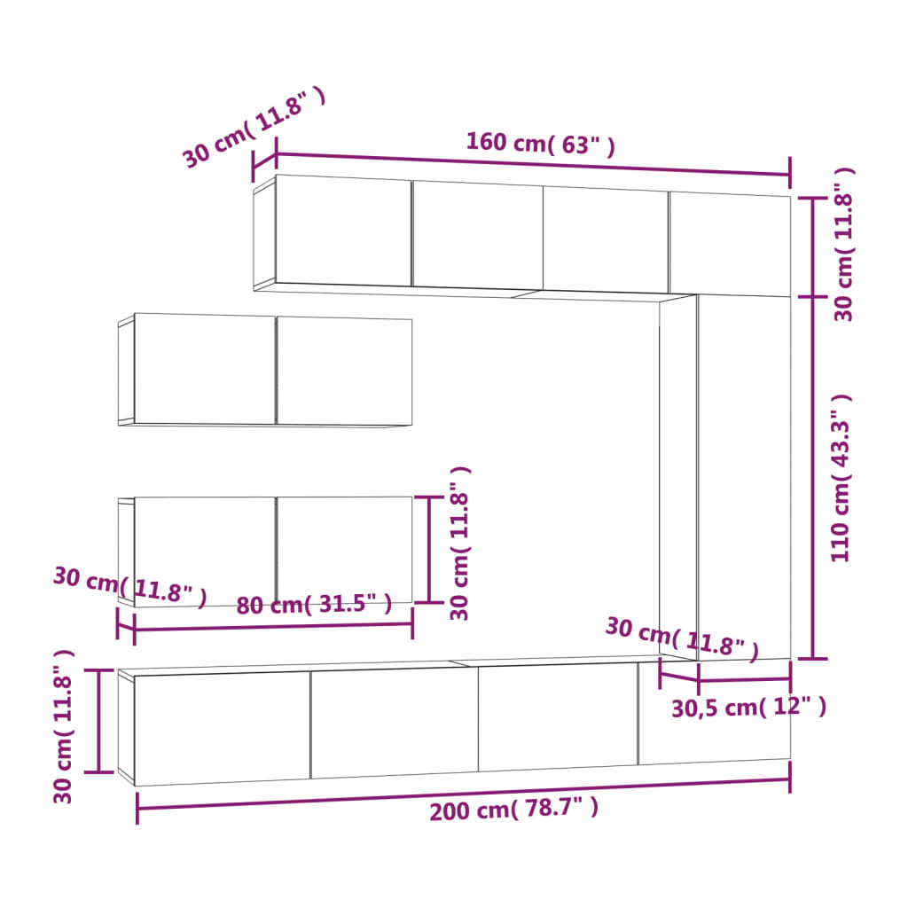 vidaXL 7-tlg. TV-Schrank-Set Grau Sonoma Holzwerkstoff