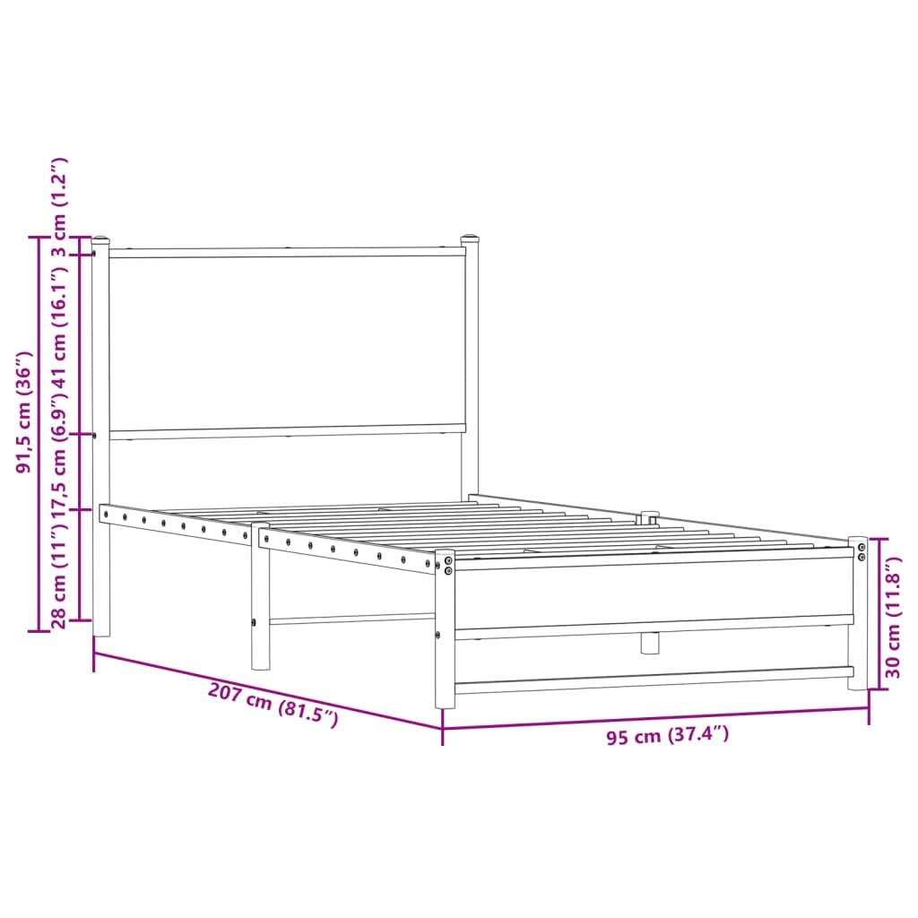 vidaXL Bettgestell mit Kopfteil Metall Braun Eichen-Optik 90x200 cm