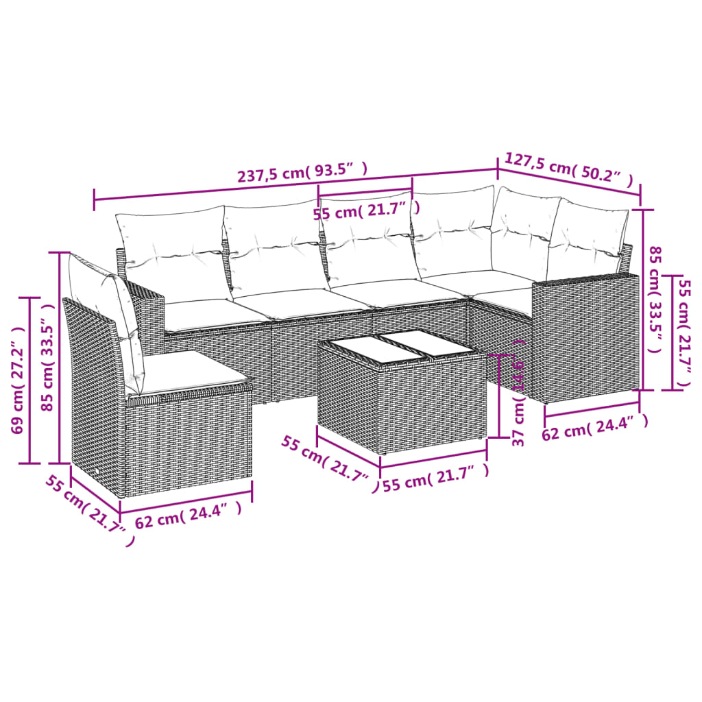 vidaXL 7-tlg. Garten-Sofagarnitur mit Kissen Hellgrau Poly Rattan