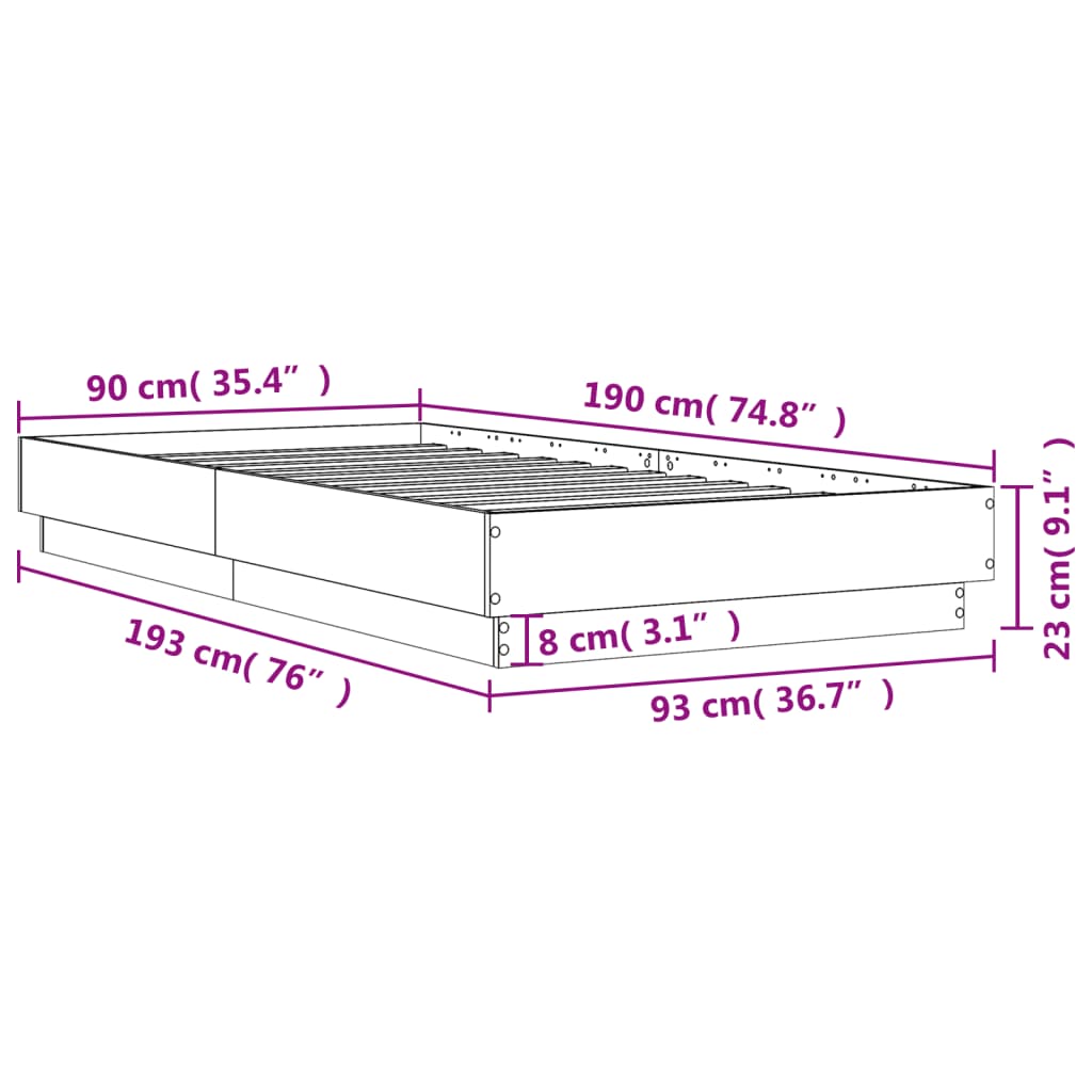 vidaXL Bettgestell mit LED Braun Eiche-Optik 90x190 cm