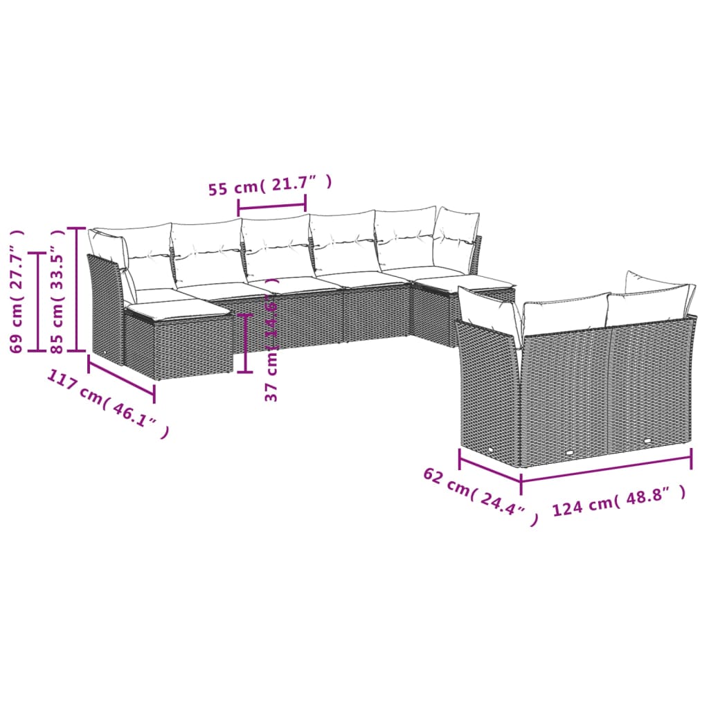 vidaXL 9-tlg. Garten-Sofagarnitur mit Kissen Beige Poly Rattan