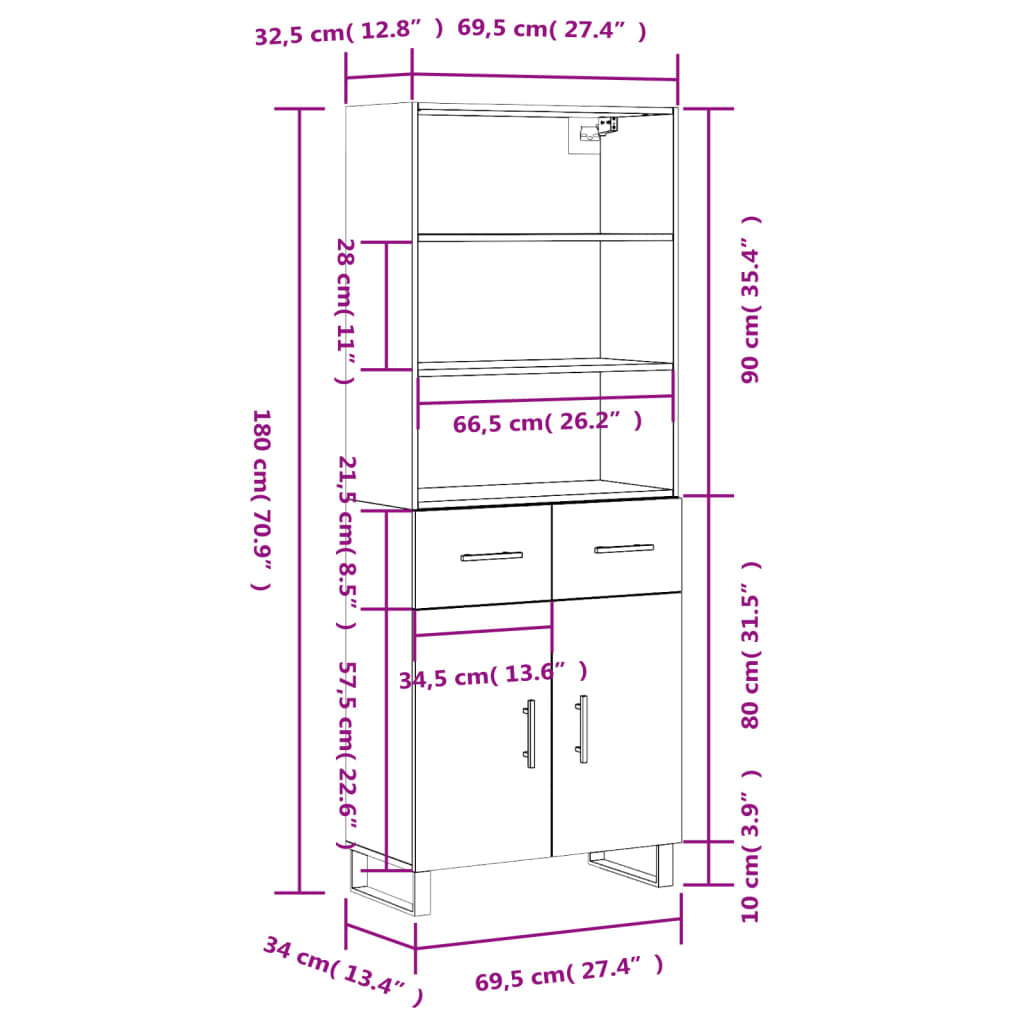 vidaXL Highboard Grau Sonoma 69,5x34x180 cm Holzwerkstoff