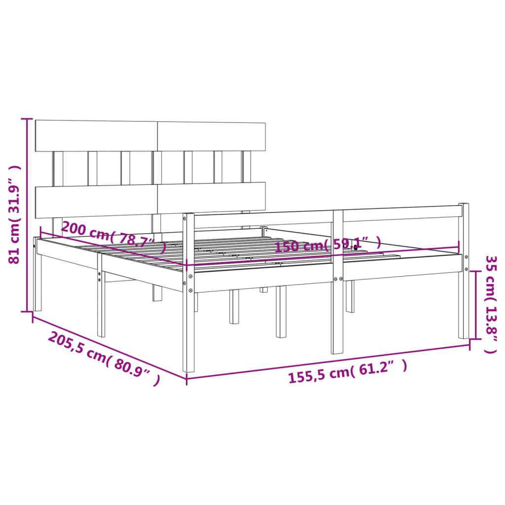 vidaXL Seniorenbett mit Kopfteil Schwarz Kingsize Massivholz