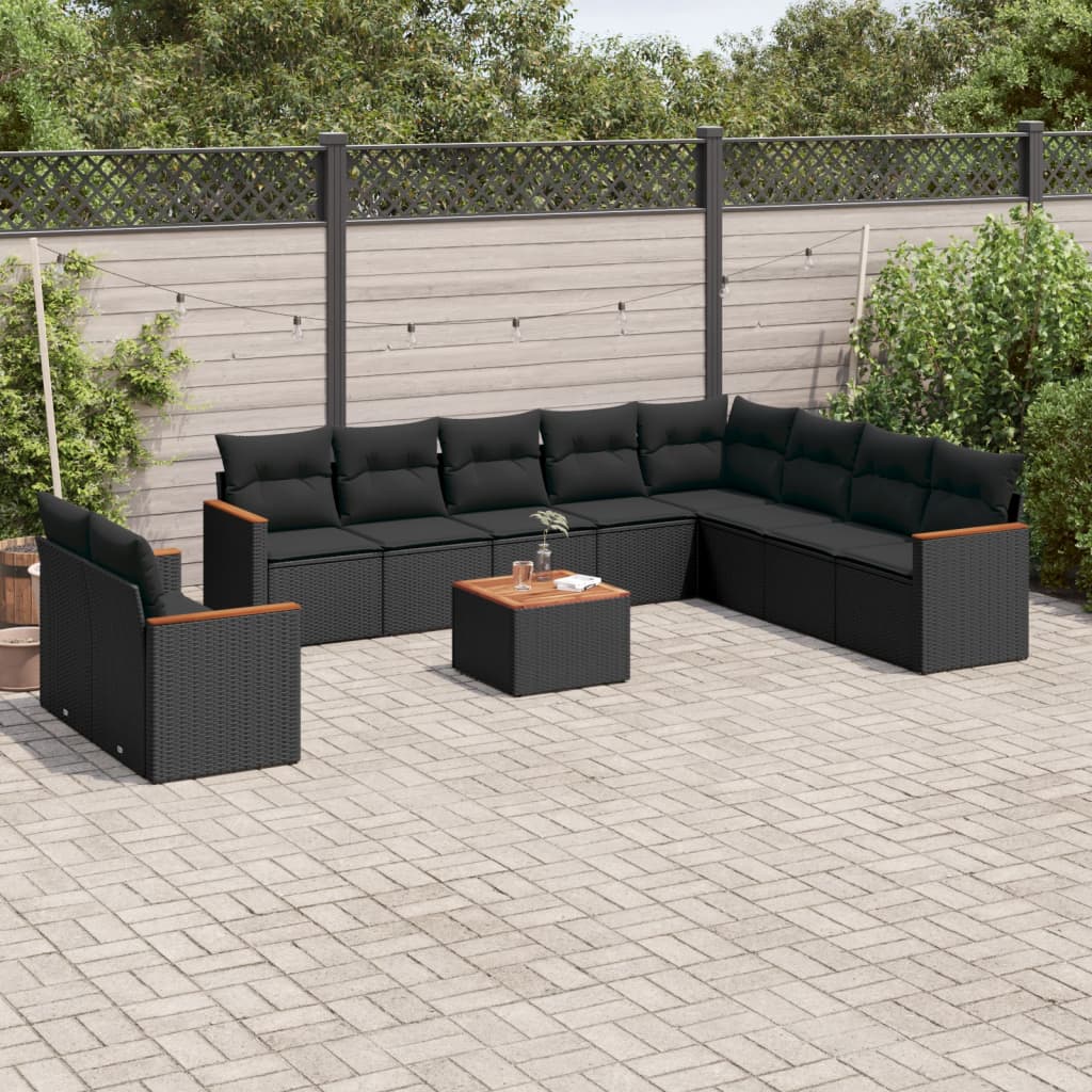 vidaXL 11-tlg. Garten-Sofagarnitur mit Kissen Schwarz Poly Rattan