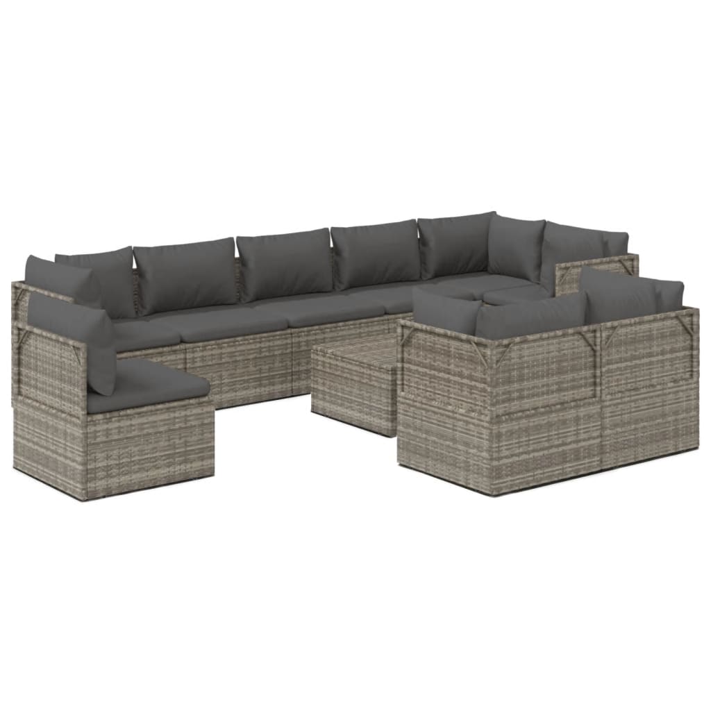 vidaXL 10-tlg. Garten-Lounge-Set mit Kissen Grau Poly Rattan