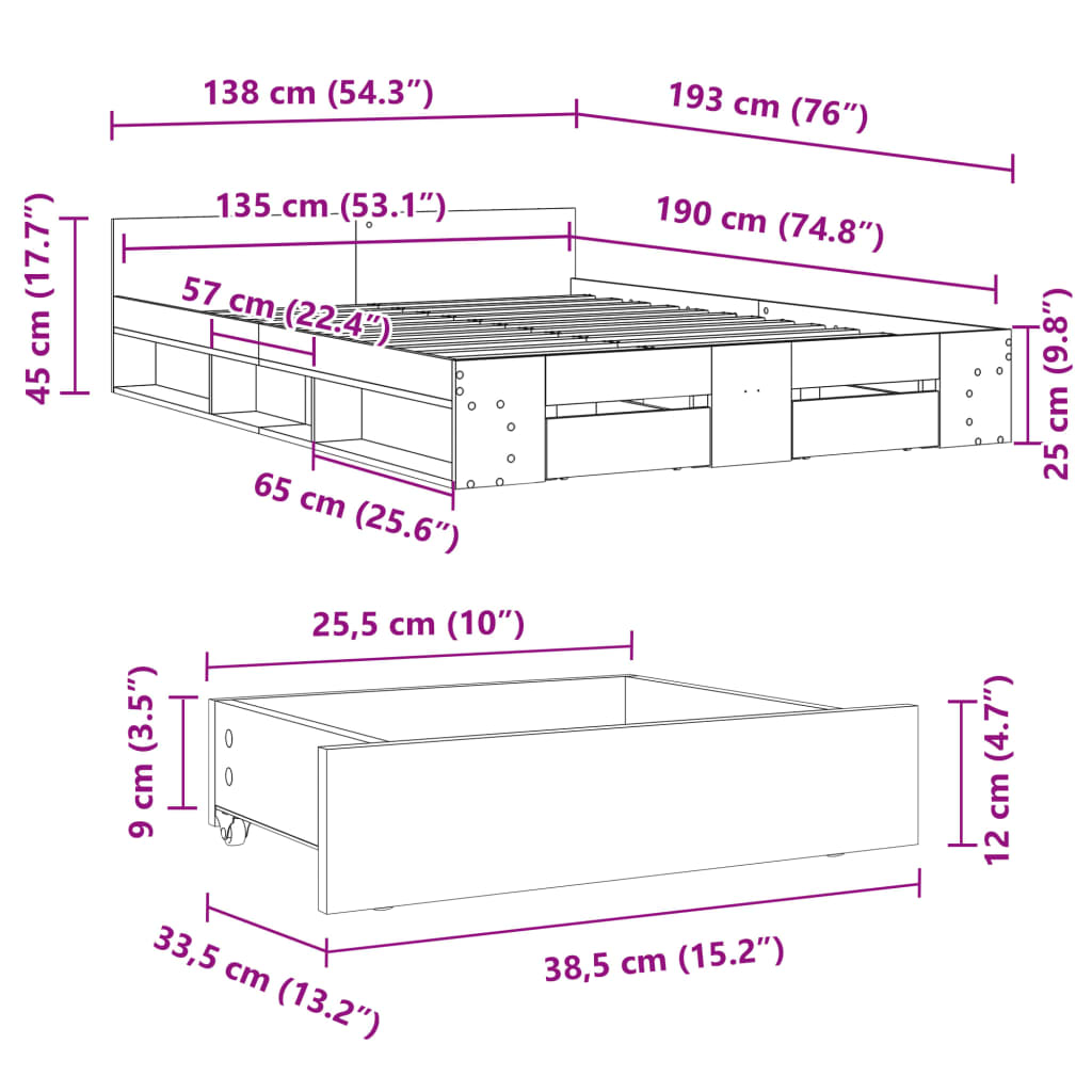 vidaXL Bettgestell mit Schubladen Schwarz 135x190 cm Holzwerkstoff