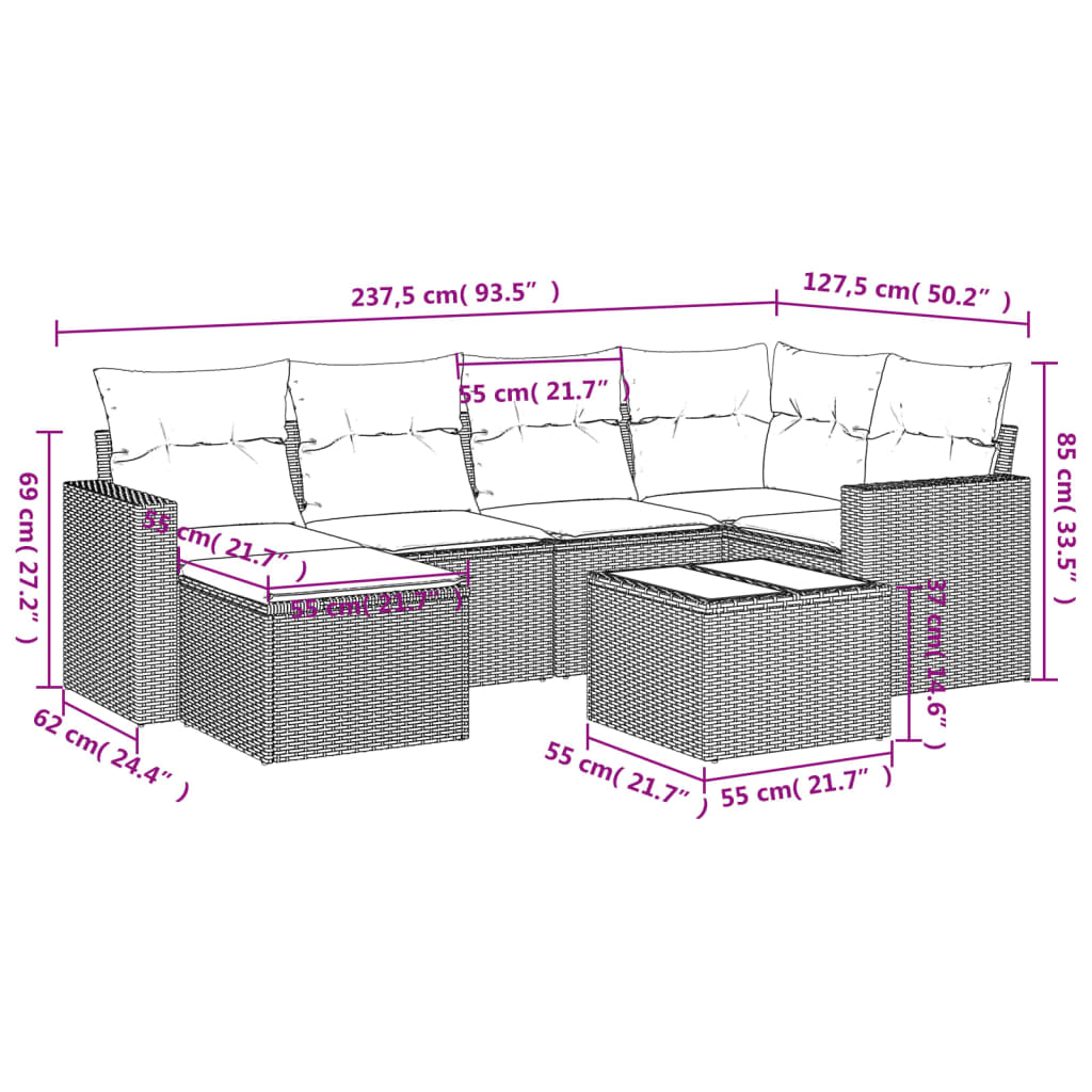 vidaXL 7-tlg. Garten-Sofagarnitur mit Kissen Grau Poly Rattan