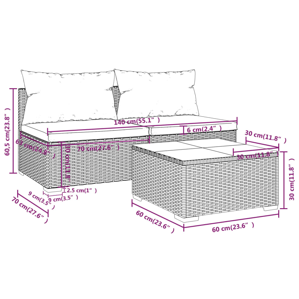 vidaXL 3-tlg. Garten-Lounge-Set mit Kissen Poly Rattan Schwarz