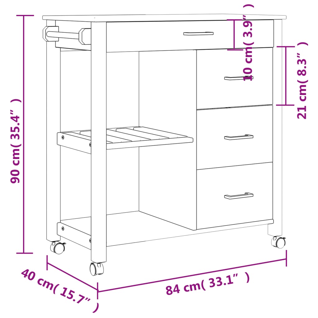 vidaXL Küchenwagen MONZA 84x40x90 cm Massivholz Kiefer