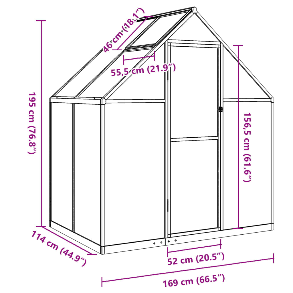 vidaXL Gewächshaus mit Fundamentrahmen Silbern 169x114x195 cm Alu