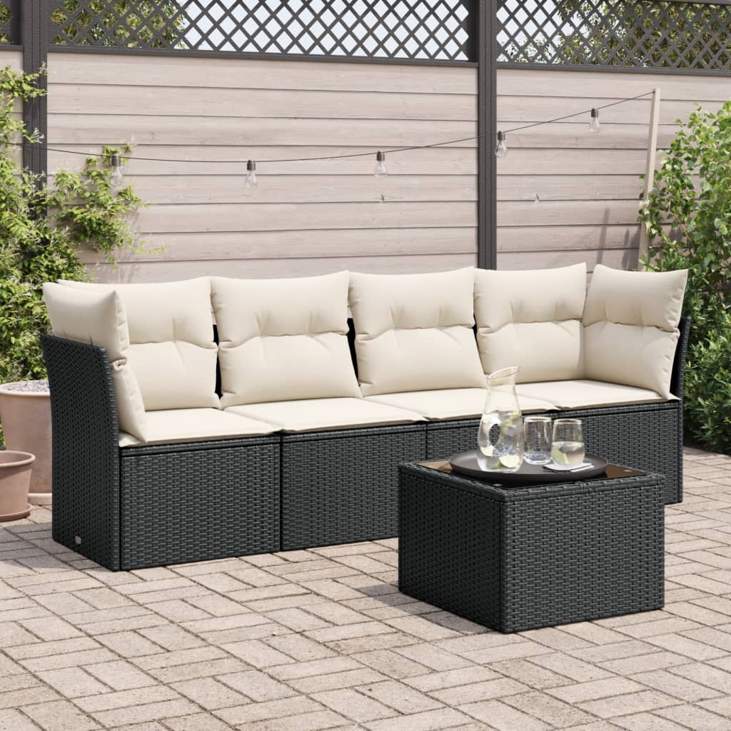 vidaXL 5-tlg. Garten-Sofagarnitur mit Kissen Schwarz Poly Rattan