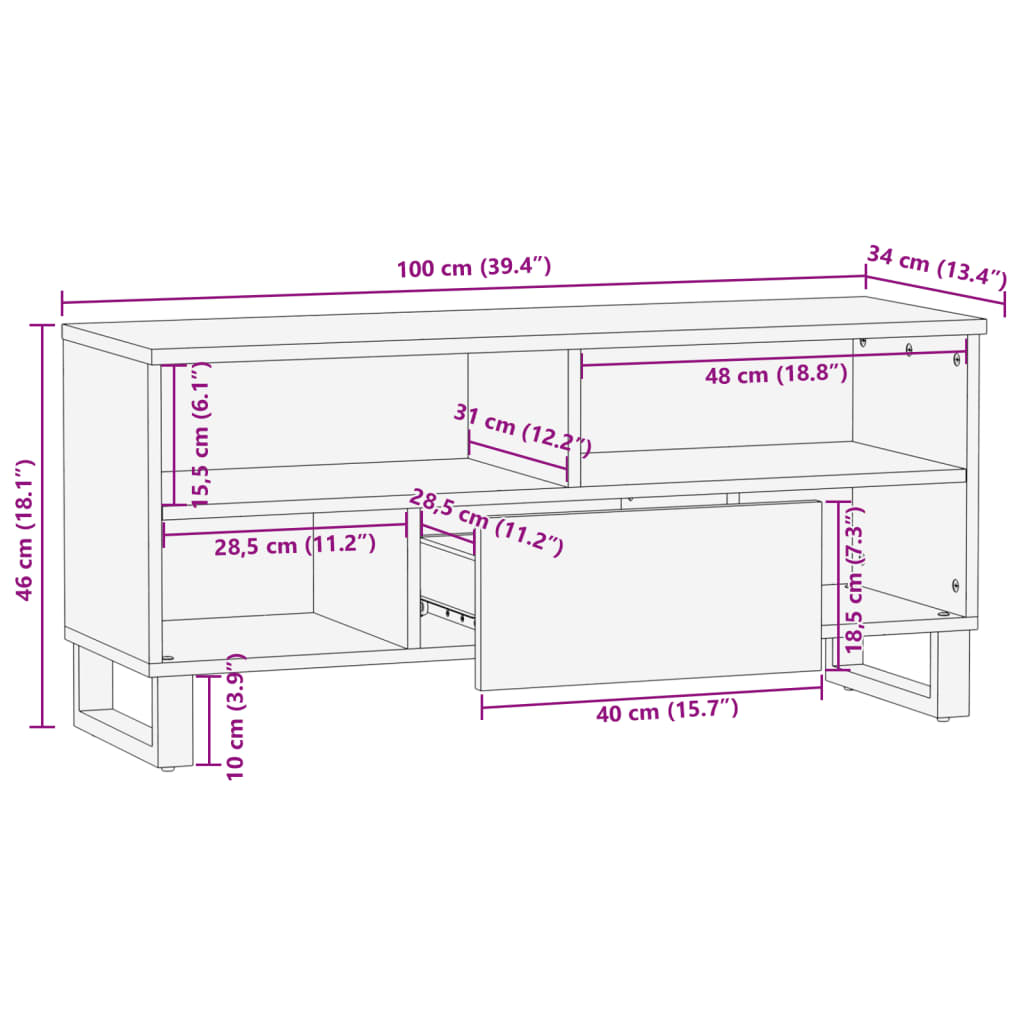 vidaXL TV-Schrank Braun 100x34x46 cm Massivholz Mango