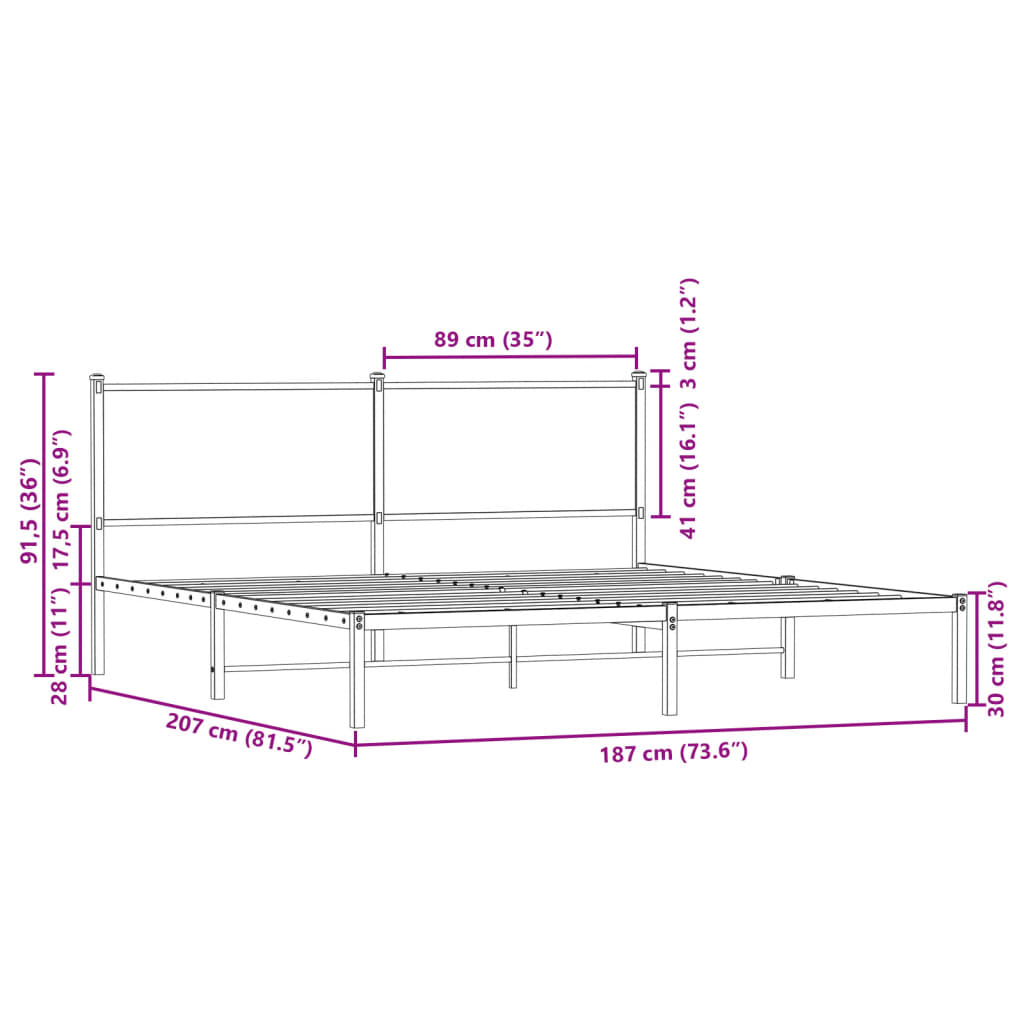 vidaXL Metallbett ohne Matratze Sonoma-Eiche 180x200 cm