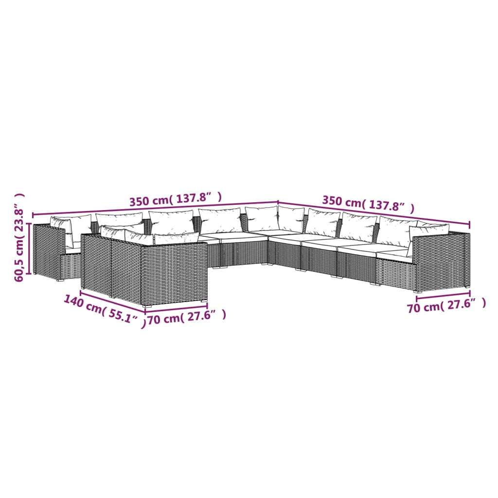 vidaXL 11-tlg. Garten-Lounge-Set mit Kissen Braun Poly Rattan