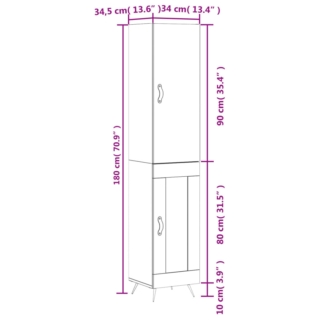 vidaXL Highboard Sonoma-Eiche 34,5x34x180 cm Holzwerkstoff