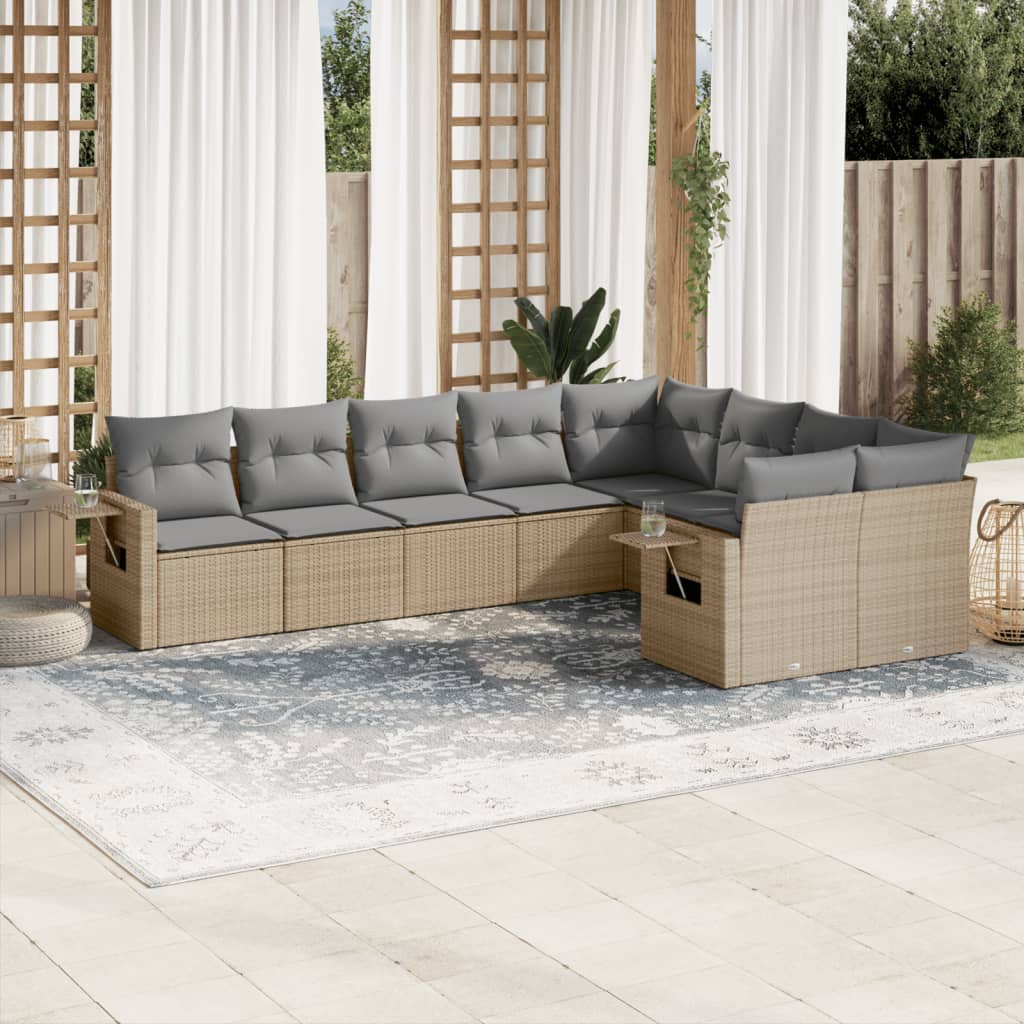 vidaXL 9-tlg. Garten-Sofagarnitur mit Kissen Beige Poly Rattan