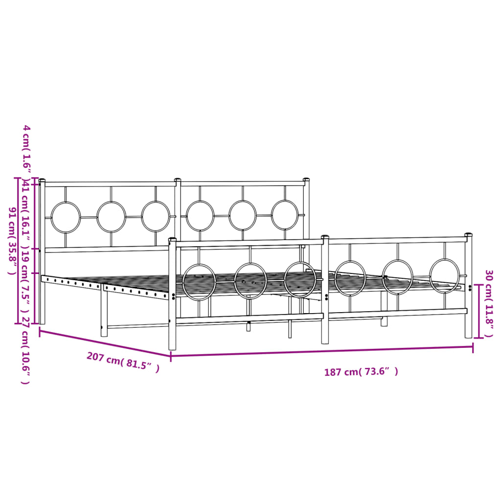 vidaXL Metallbett ohne Matratze mit Fußteil Schwarz 180x200 cm