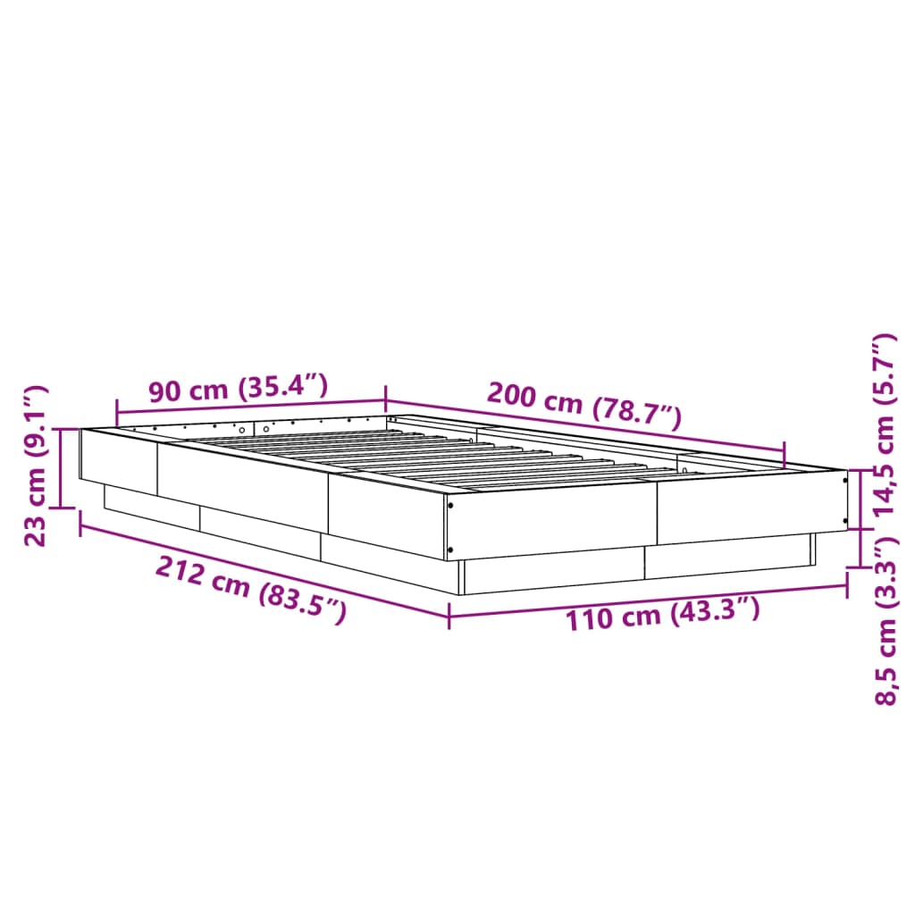 vidaXL Bettgestell mit LED Braun Eichen-Optik 90x200 cm Holzwerkstoff