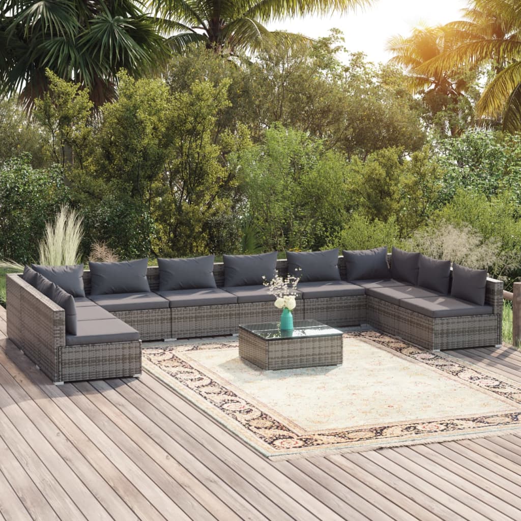 vidaXL 11-tlg. Garten-Lounge-Set mit Kissen Poly Rattan Grau